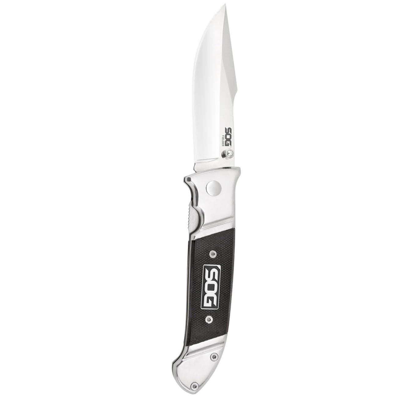 SOG Fielder Folding Knife FF38-CP 3.3 in Satin Clip Point Black G10 Handle