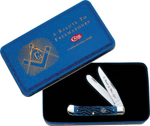 Case Masonic Gift Tin Trapper Knife 01058 Blue Bone Handle