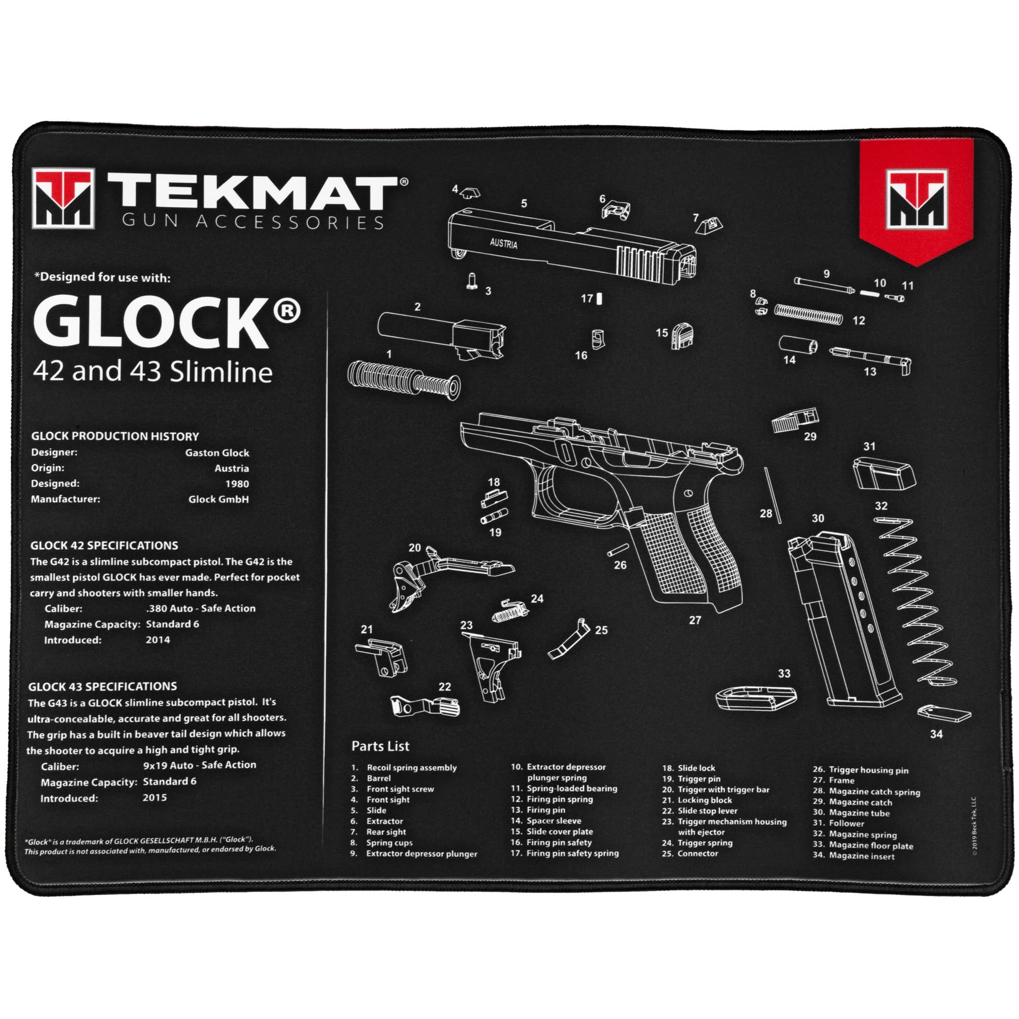 TekMat Ultra 20 Glock 42/43 Pistol Cleaning Mat TEK-R20-GLOCK-42-43 15x20 In
