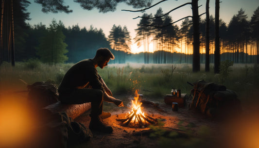 a man is sitting by a campfire