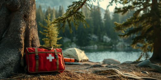 a basic first aid kit leans up against a large tree sitting just outside a capsite